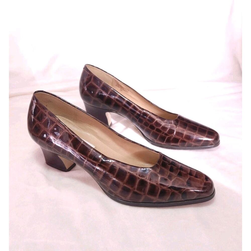 Vintage Retro Calico Women’s Heels Brown Crocodile-Embossed Size 6.5/C English5